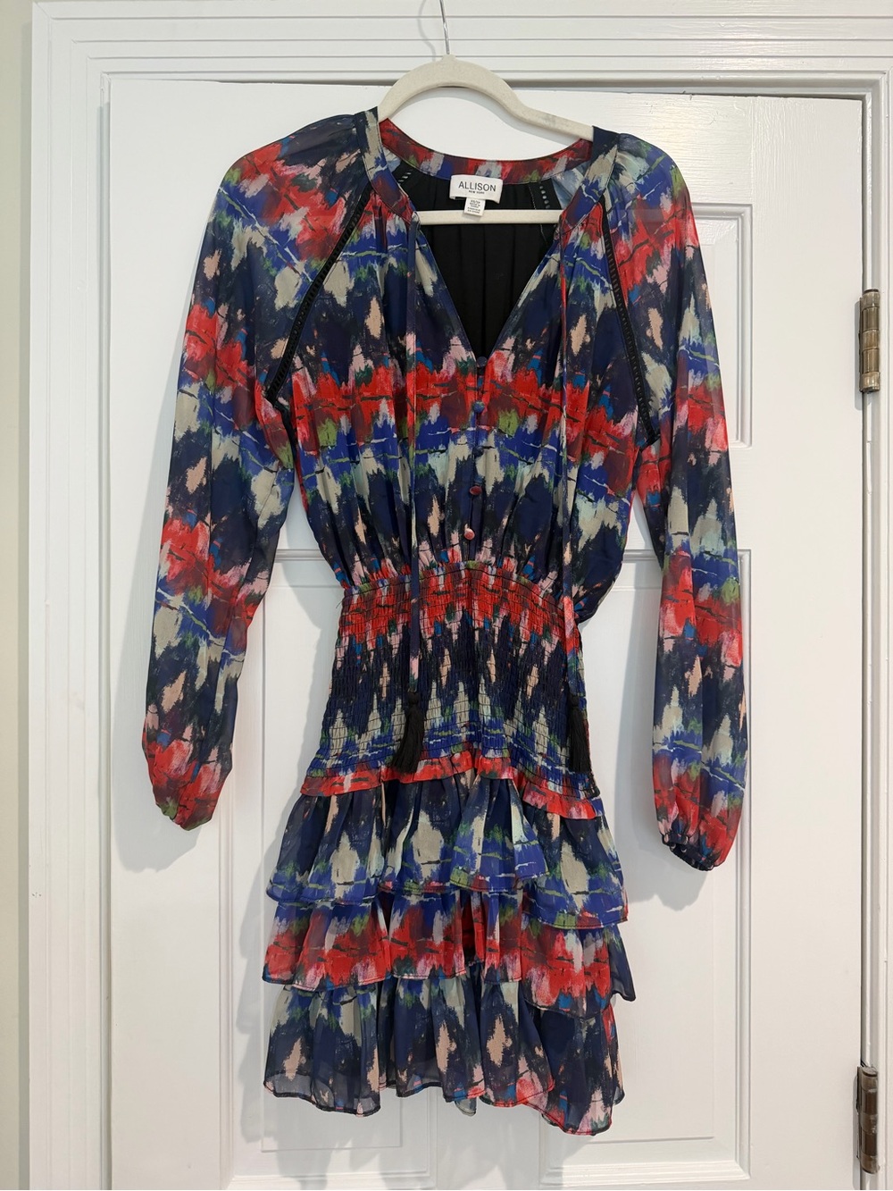 Navy Multicolor Tiered Long-Sleeve Dress